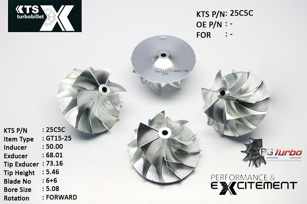 Turbo ROUE FORGÉE MFS PERFORMANCE - 6+6 PALES - INDUCER : 47 - EXDUCER : 61,98 - TYPE : GT15-25ANGLE : 60° - ROTATION : Forward - SUPER BACK : 3,71 - BORE SIZE : 5,08

